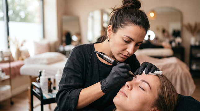 Beautician performing permanent eyebrow makeup treatment on client in salon.