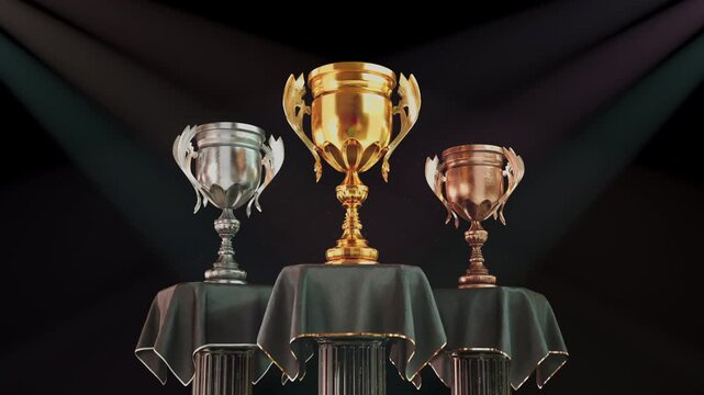 Championship trophies in gold, silver, and bronze on draped pillars under dramatic spotlights in a CG animation. Sports tournaments, corporate recognition, Award ceremony.