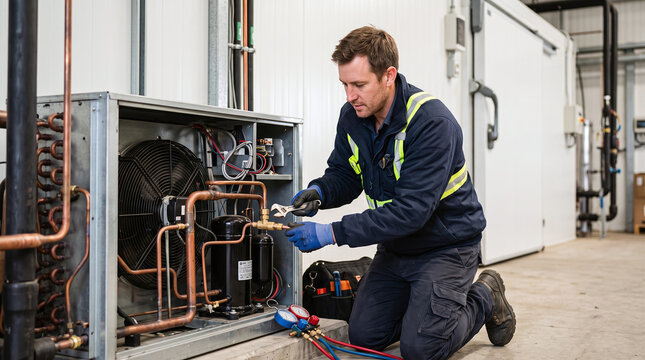 HVAC technician repairing commercial refrigeration unit in cold storage