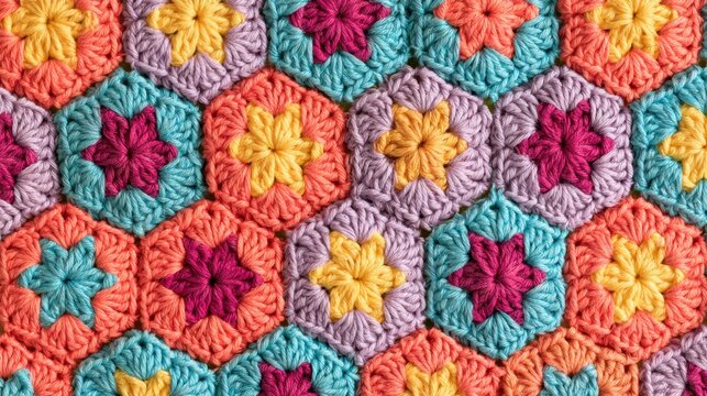 Colorful handmade crochet granny square pattern featuring vibrant floral motifs and textured yarn
