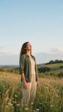 Mindful breathing in a sunny meadow supporting calm and natural wellbeing