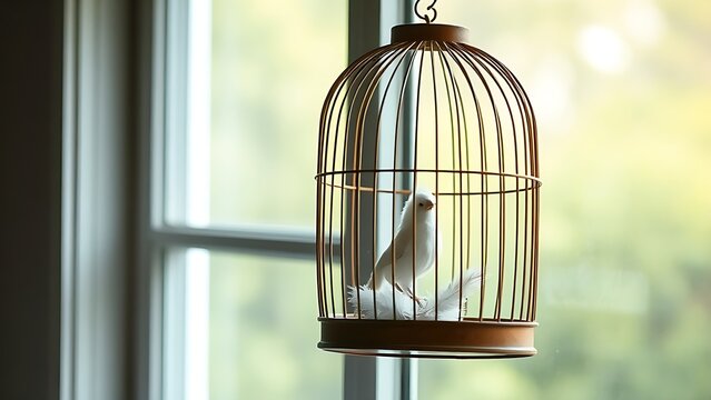 Empty birdcage hanging by a window with open door and feathers inside.