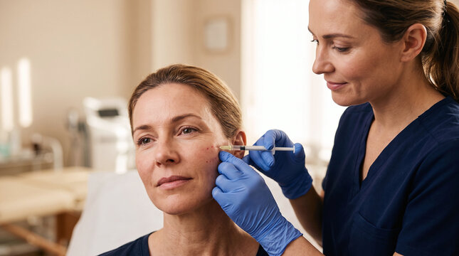 Aesthetic doctor injecting skin booster to a patient in a beauty clinic