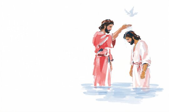 Baptism of Jesus by John the Baptist in river. Biblical scene with dove representing Holy Spirit. Watercolor illustration of religious event in Christianity.