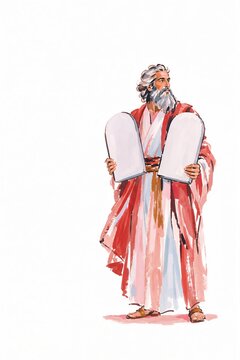 Moses with stone tablets. Biblical prophet holding law of God on mountain. Traditional illustration of old testament religious figure.