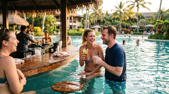 Happy couple laughing with drinks at a tropical resort swim-up pool bar