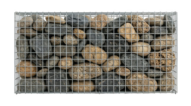 Gabion wall basket filled with decorative stones isolated on transparent background