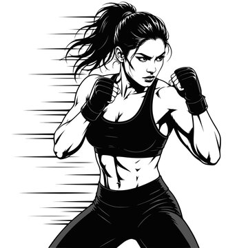 Dynamic female boxer striking pose black and white vector illustration. Transparent background PNG version.