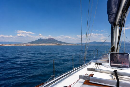Sailing the bay of naples with mount vesuvius