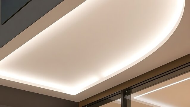 Modern building soffit with recessed linear LED strips in white ceiling.