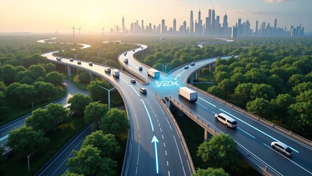 Smart highway interchange with glowing V2X marking, green forests, wind turbines and city skyline at sunrise