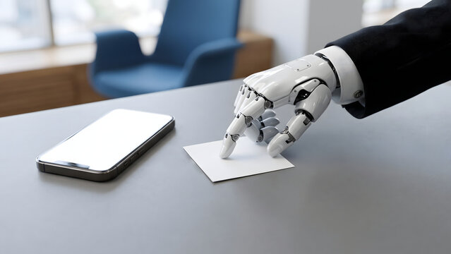 Robotic Arm Pointing at Blank Note and Smartphone Mockup on Desk