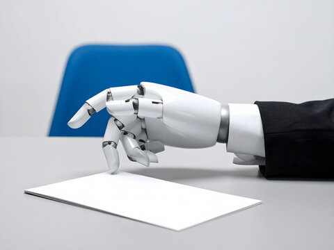 Robotic Hand in Business Suit Pointing at Blank Paper Concept