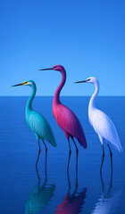 Naklejka premium Colorful Herons Standing in Calm Blue Water – Minimalist Tropical Bird Illustration with Reflections