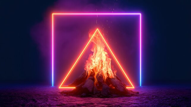 A bonfire burns in electric orange and magenta flames at a lively outdoor gathering during nighttime activities with bright neon lights.