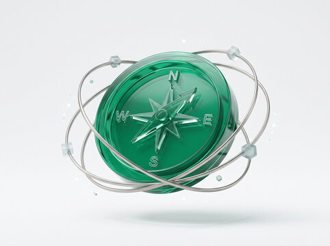 Futuristic Emerald Compass Rose 3D Navigation Symbol with Metallic Orbit Lines and Cardinal Directions Isolated on Bright White Background