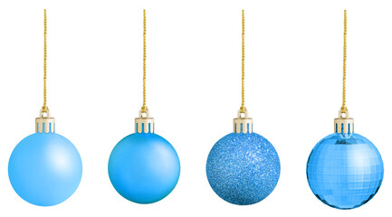 Obraz premium Clear Blue festive hanging balls group symbolizing winter season celebration, traditional corporate greeting card editorial print layout
