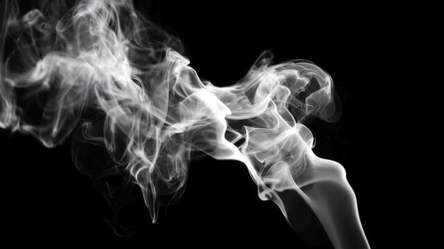  Cinematic video of thick white smoke or vapor rising, twisting, and swirling elegantly against a solid dark black background. Smooth fluid motion with realistic volumetric details, perfect for transi