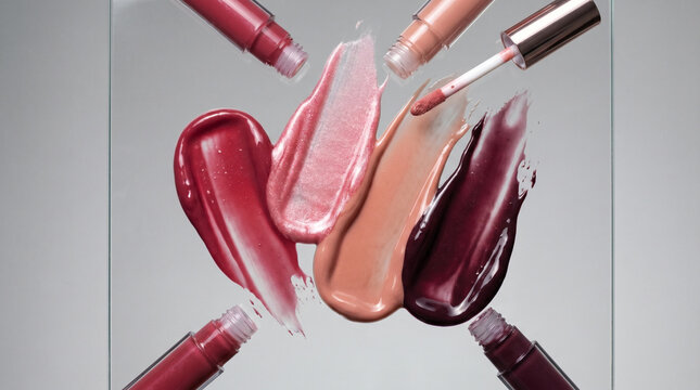 Collection of high-quality beauty product swatches, showcasing luxurious liquid lipsticks in various vibrant and subtle shades for makeup artistry and cosmetic advertising
