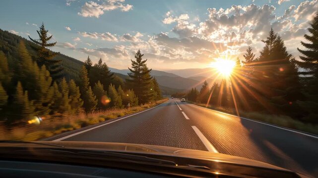 Car dashboard windshield view of a road asphalt trip journey. Drive highway through mountain hill valley forest landscape, blue sky for travel tourism. Auto rental service, vehicle insurance concept.