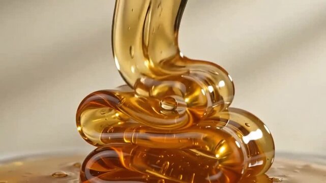 Thick golden honey drips and flows slowly, forming glossy ribbons of amber liquid.