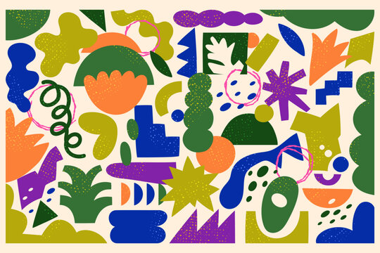 Bold abstract collage of colorful organic shapes, doodle marks, leaves, blobs, stars and geometric forms with grainy texture on beige background for modern poster design vector illustration