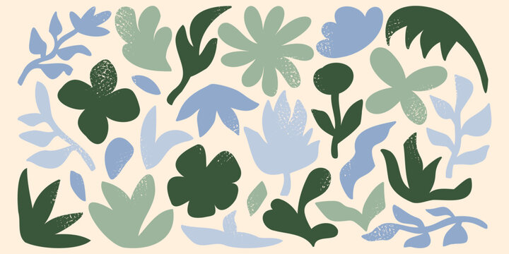 Abstract floral set with hand drawn flowers, leaves, textured botanical shapes in soft blue, sage green, cream tones, isolated on white background vector illustration