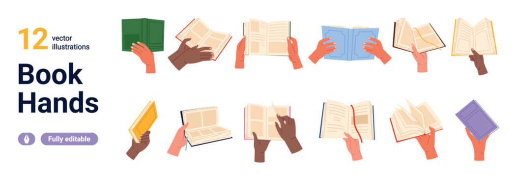 Collection of diverse hands holding open and closed books in reading poses, editable clipart icons for education, library, literature, study themes isolated on white background vector illustration