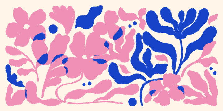 Abstract floral shapes with pink flowers, blue leaves, organic blobs and hand drawn curves in a playful modern botanical style, isolated on white background vector illustration