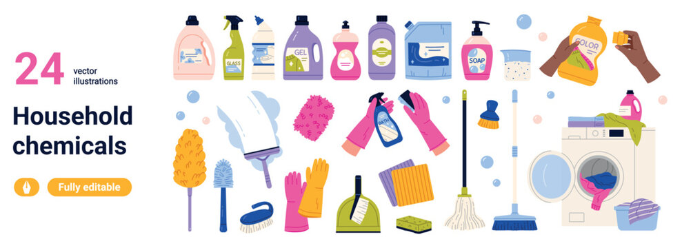 Collection of household chemicals, laundry products, brushes, gloves, mop and washing tools for home cleanup and hygiene, isolated on white background vector illustration