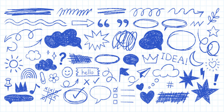 Blue hand drawn scrapbook doodles on grid paper with arrows, clouds, stars, speech bubbles, scribbles, icons and sketchy shapes, isolated on white background vector illustration