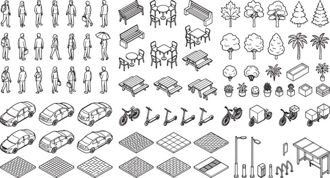Isometric city elements set with people vehicles trees and street furniture in black and white line art