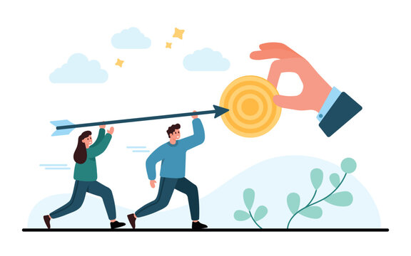 Business success goal concept with people running beneath an arrow toward a coin target, showing achievement, motivation and growth isolated on white background vector illustration
