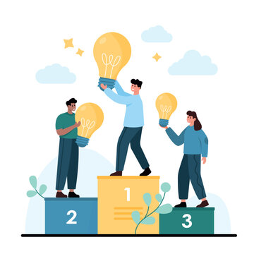 Three people hold glowing light bulbs on a winners podium, showing success, creativity and ranking achievement in teamwork, isolated on white background vector illustration