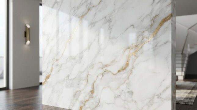 Elegant white marble surface with gold veins interior design element