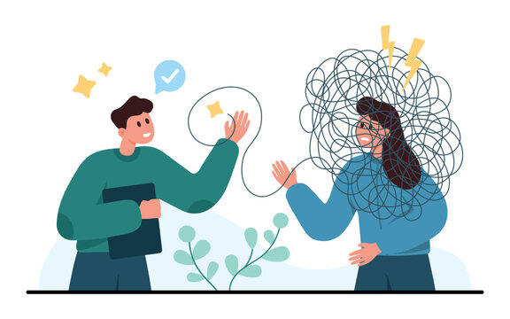 Therapist or counselor helps stressed woman untangle anxious thoughts with guidance, empathy and communication in a mental health support scene isolated on white background vector illustration
