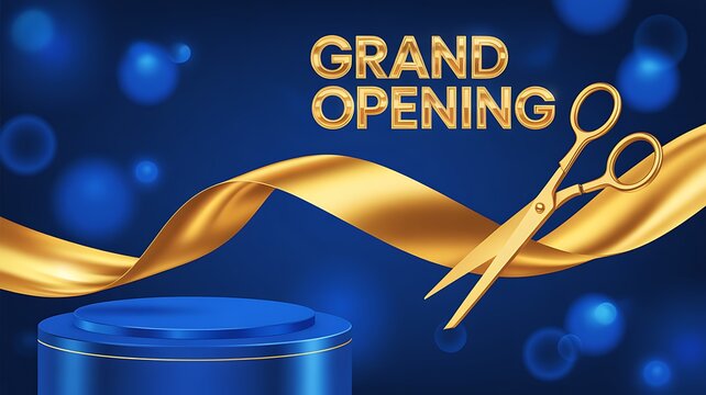 Luxurious Grand Opening Ceremony Background with Golden Ribbon and Scissors Featuring an Empty Blue Podium for Product Display