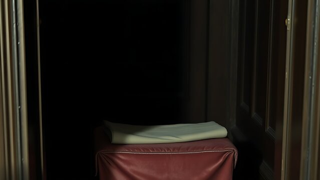 Worn velvet kneeler in dim confessional booth with candle light.