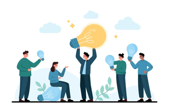 Creative team shares bright lightbulb ideas during brainstorming session, featuring collaboration, innovation, startup energy, and problem solving isolated on white background vector illustration