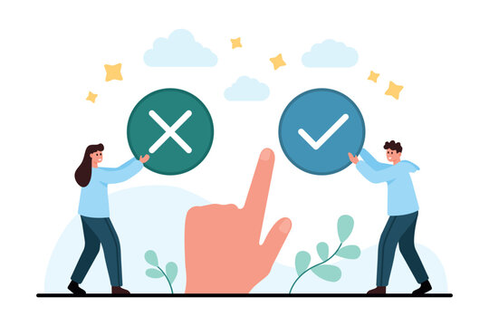 People hold yes and no icons beside a pointing hand selecting between check mark and cross signs, showing decision making, approval, rejection, comparison isolated on white vector illustration