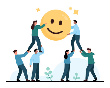 Group of coworkers lifting a smiling emoji with teamwork and support, showing collaboration, positivity, unity, and shared success in a flat design isolated on white background vector illustration