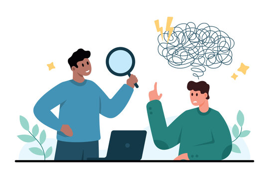 Therapist supports a stressed black patient during counseling session, using a magnifying glass to explore anxious thoughts and emotional confusion, isolated on white background vector illustration