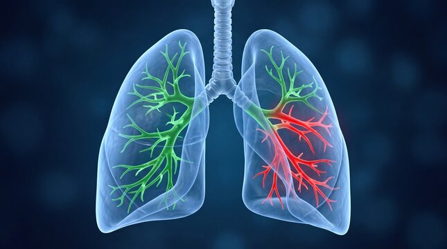 Detailed human lungs illustration showing healthy green and inflamed red bronchial tubes inside transparent chest cavity with displays medical illustration green bronchioles