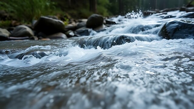 A mountain stream cascading over rocks with whitewater and morning light in a serene forest.
