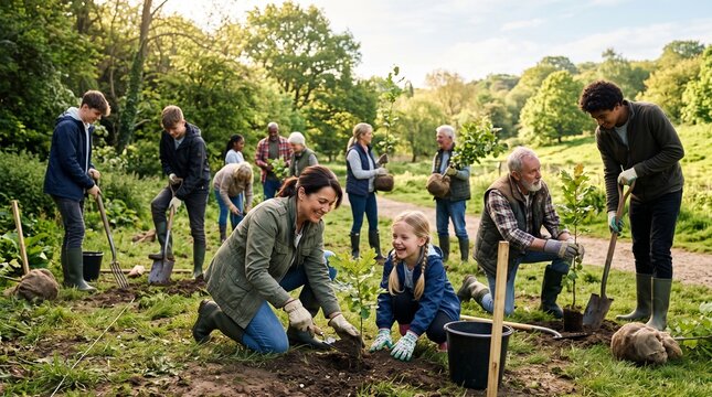 Diverse community volunteers planting trees in park, multi-generational group reforestation project, environmental conservation and sustainability teamwork