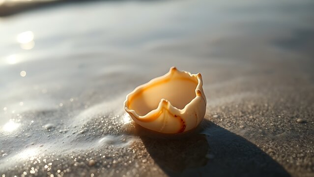 An empty crab shell on wet sand, washed by gentle tide, sunlight reflecting on shell texture, shallow depth of field.