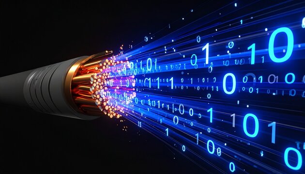 Fiber optic cable transmitting data with glowing binary code numbers digital information flow