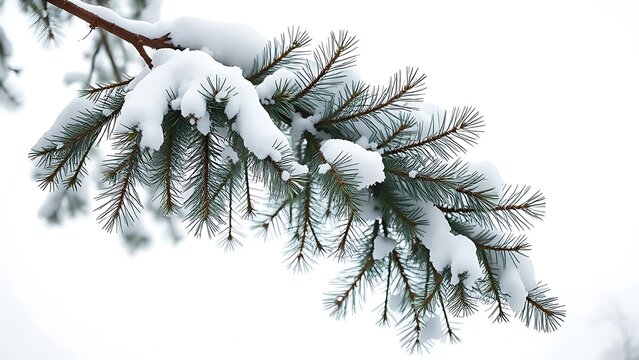 Pine tree branch bending under heavy snow against a grey sky.