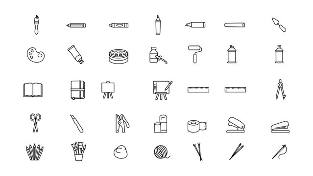 Collection of Various Art Supplies and Stationery Items Illustrated in Simple Line Icons with Transparent Background