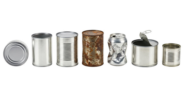 Collection of various metal cans isolated on transparent background